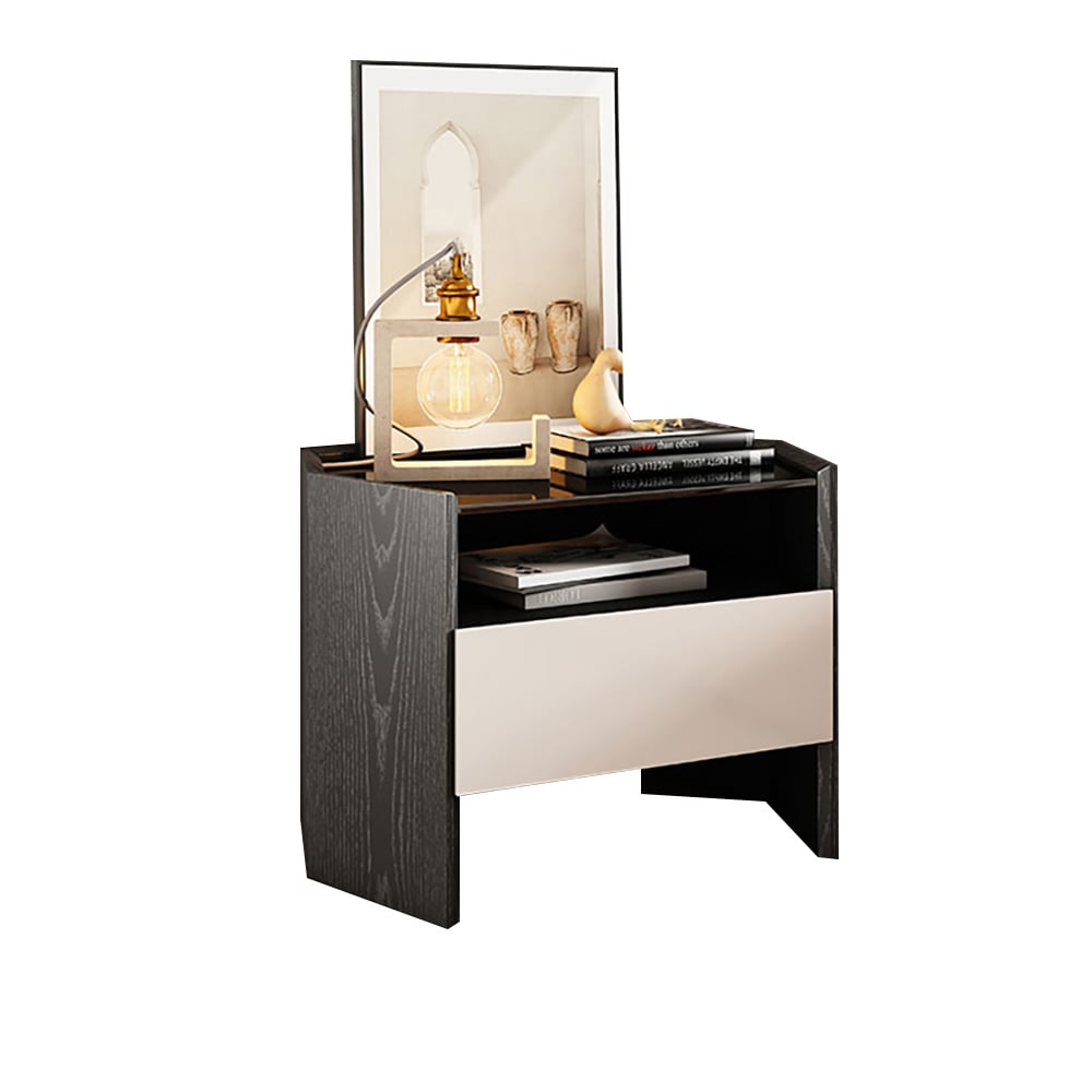 Mesita de noche negra de madera contrachapada minimalista con cajón y estante Imagen de ventana