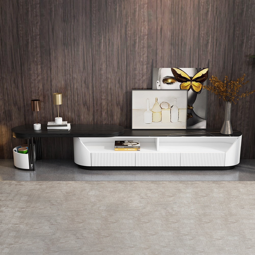 Ensemble de 2 meubles TV et table basse minimalistes avec plateau en pierre frittée et nombreux rangements image de fenêtre