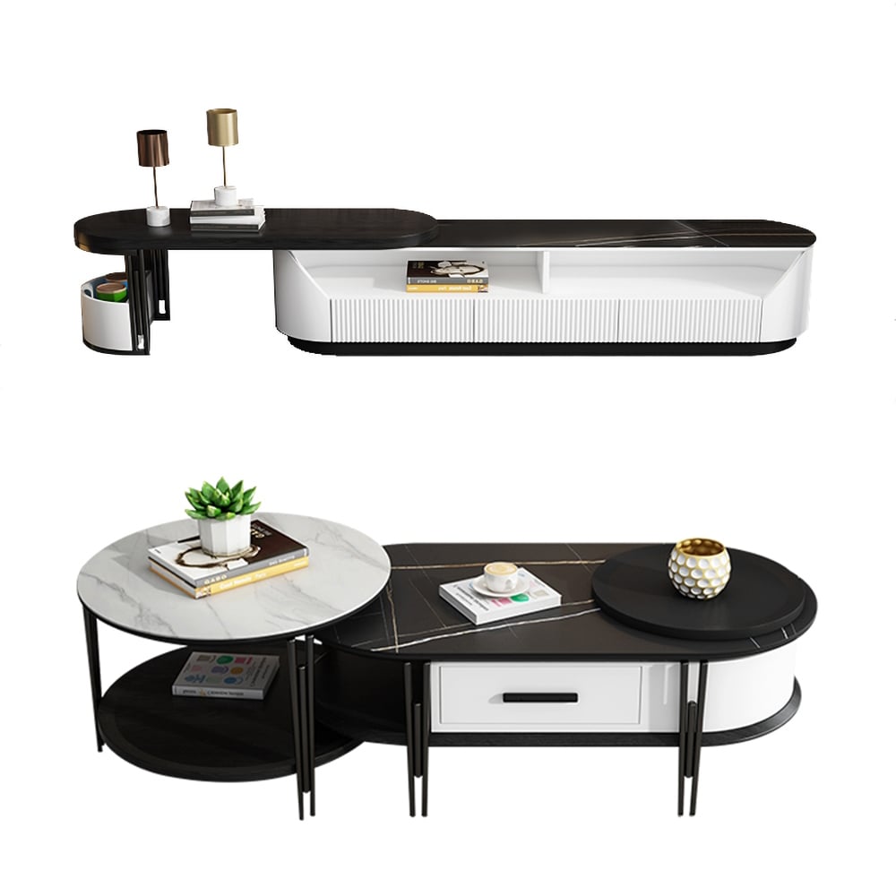 Ensemble de 2 meubles TV et table basse minimalistes avec plateau en pierre frittée et nombreux rangements image de fenêtre