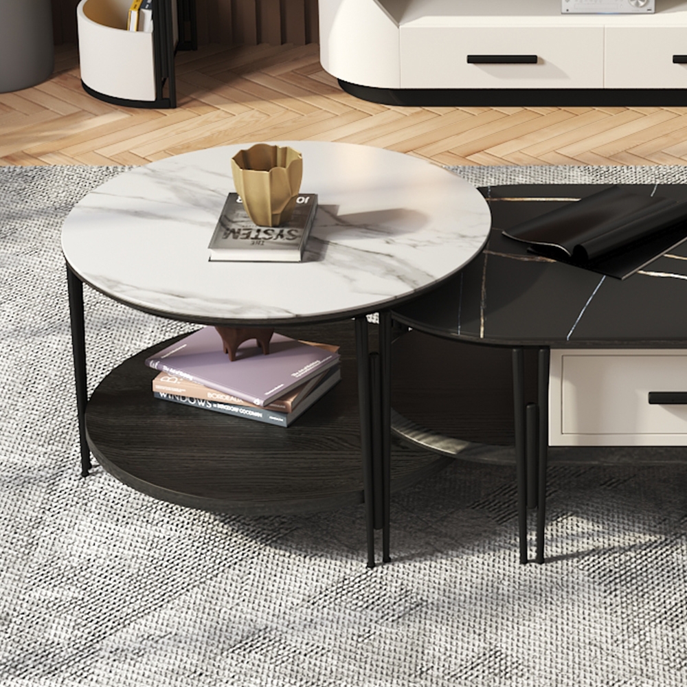 Ensemble de 2 meubles TV et table basse minimalistes avec plateau en pierre frittée et nombreux rangements image de fenêtre