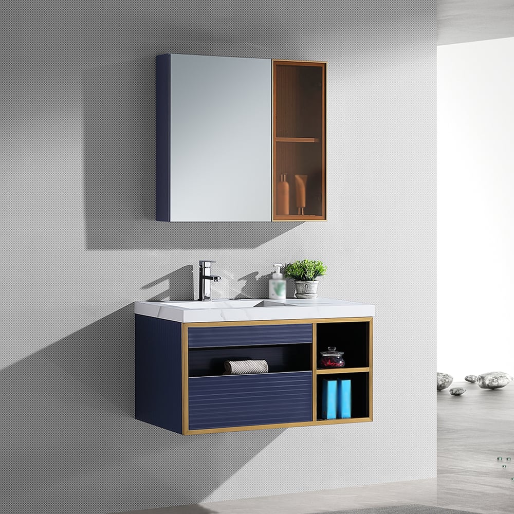 35 „blauwe drijvende badkamermeubel met medicijnkast en integrale gesinterde stenen gootsteen Vensterafbeelding