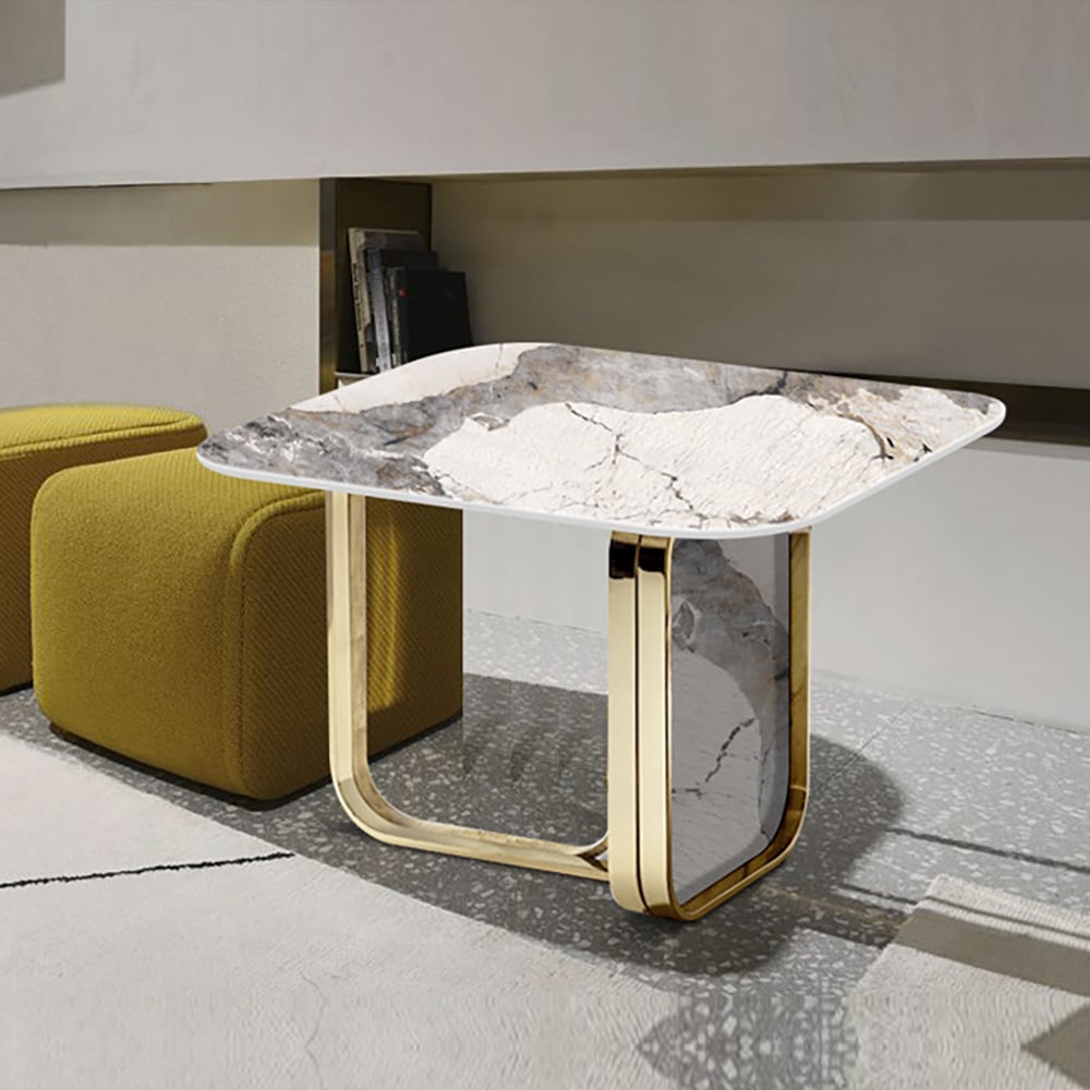 Contemporary Square Sintered Stone Top End Table with Stainless Steel Base window image