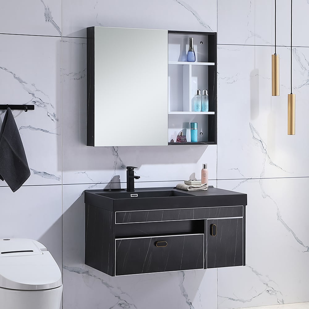 39" Floating Bathroom Vanity Quartz Integral Sink & Medicine Cabinet Included window image