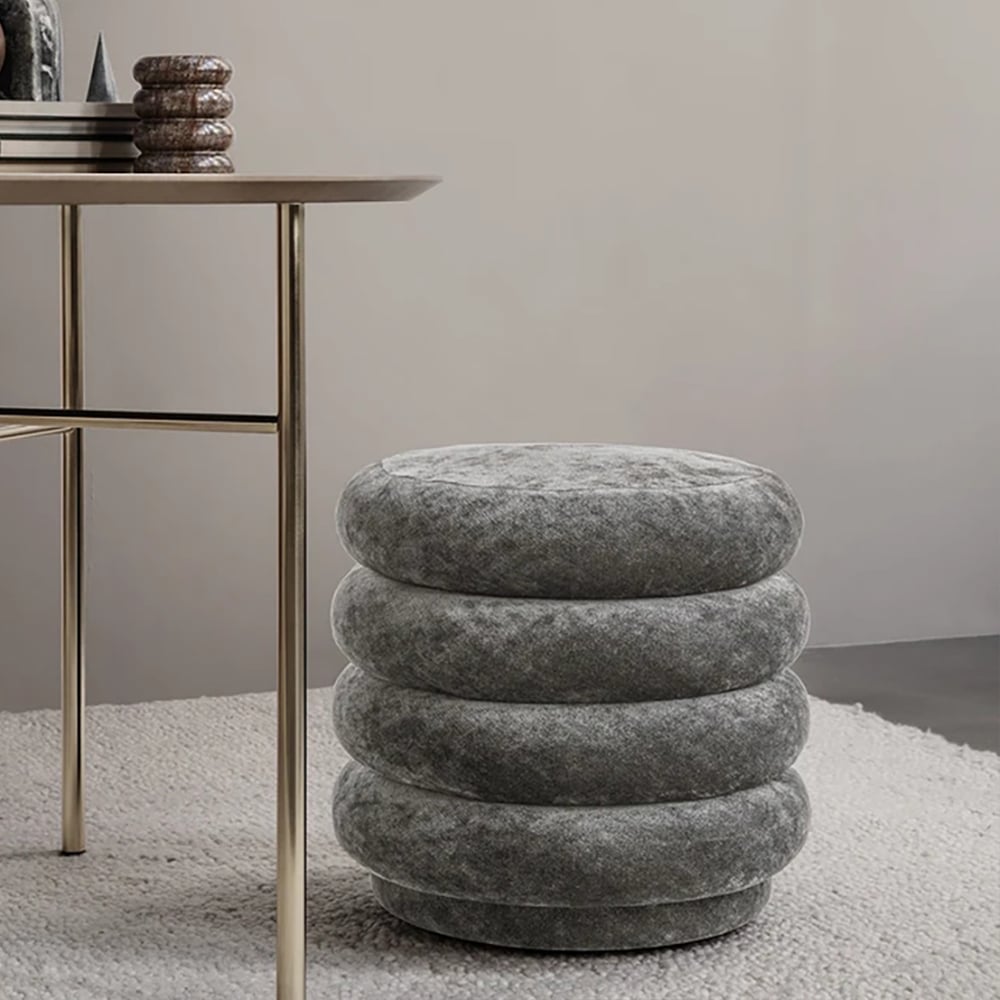 Round Grey Velvet Vanity Stool in Piled-up Design window image