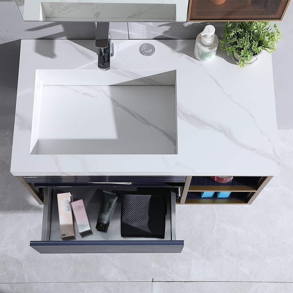 35 „blauwe drijvende badkamermeubel met medicijnkast en integrale gesinterde stenen gootsteen Vensterafbeelding