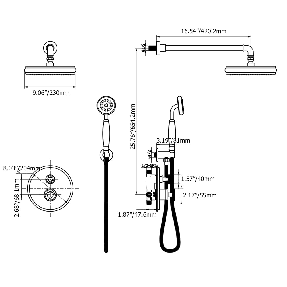 Industrial Style Wall-Mounted 230mm Shower Set in Black 2-Function Shower Fixture window image