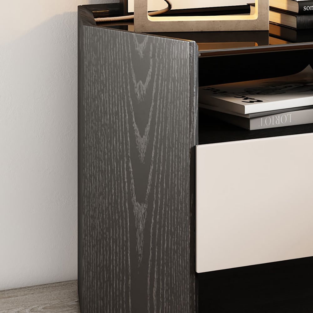 Mesita de noche negra de madera contrachapada minimalista con cajón y estante Imagen de ventana