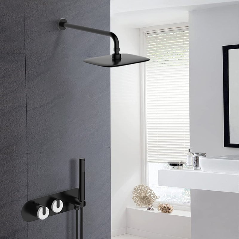 Square Wall-Mounted Double Functions Shower System with Shower Head in Black window image