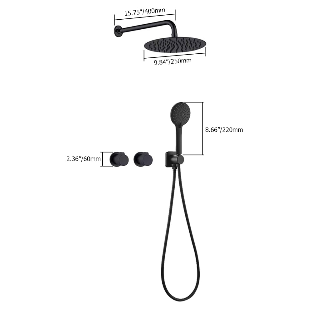 Wandgemonteerde ronde doucheset met dubbele functies en standaard mengkraan in zwart Vensterafbeelding