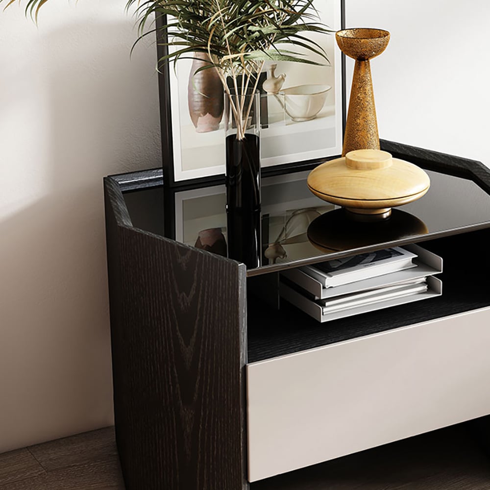 Mesita de noche negra de madera contrachapada minimalista con cajón y estante Imagen de ventana