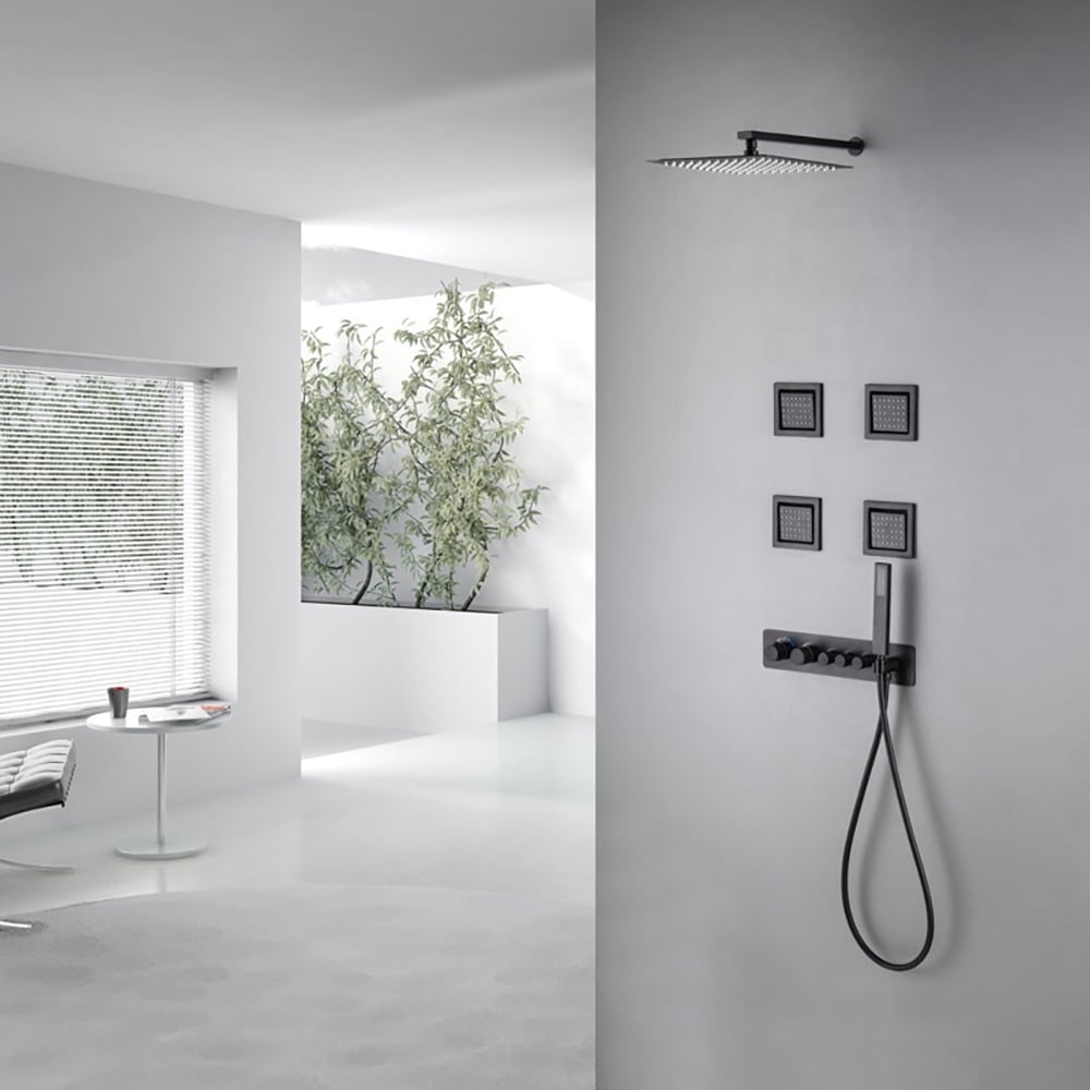 Wall-Mounted 10" Shower System in Matte Black 3-Function Thermostatic window image