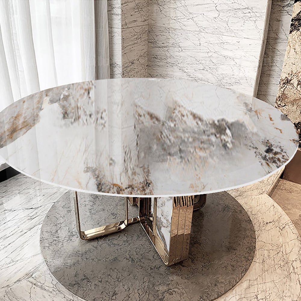 Mesa de comedor contemporánea redonda de 59 pulgadas con parte superior de piedra sinterizada en Pandora & Gold Imagen de ventana