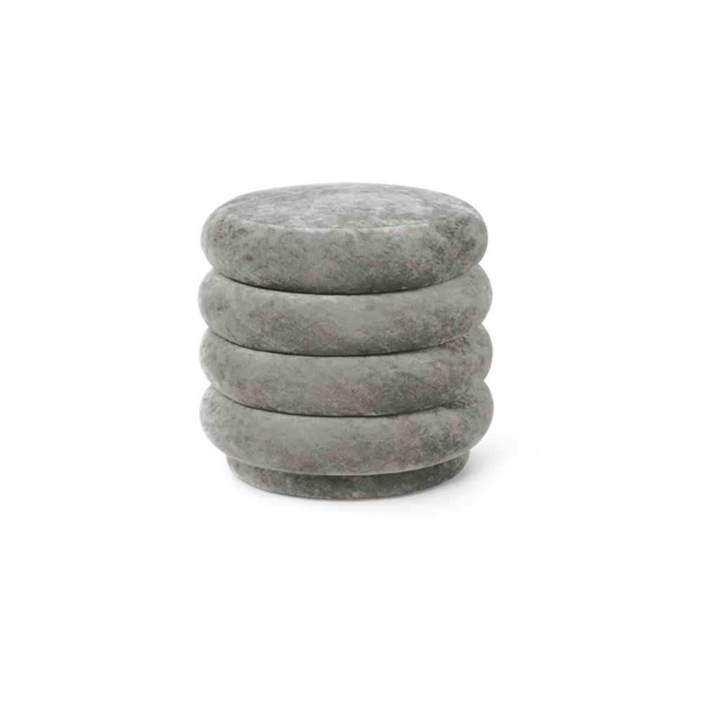 Round Grey Velvet Vanity Stool in Piled-up Design window image