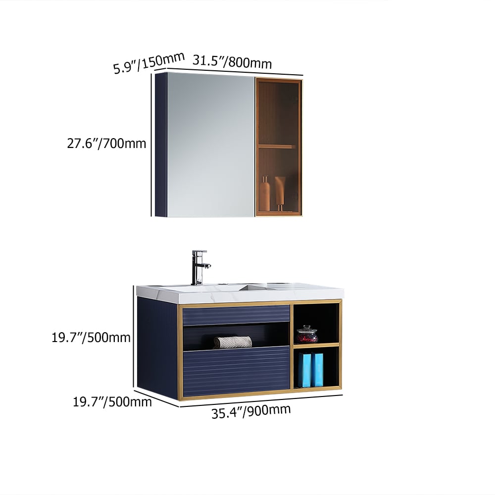 35 „blauwe drijvende badkamermeubel met medicijnkast en integrale gesinterde stenen gootsteen Vensterafbeelding