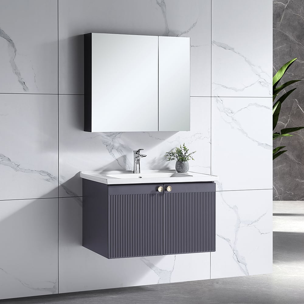 800mm Wandmontierter Badezimmer-Eitelkeit in Grau mit Medizinschrank Schaufensterbilder