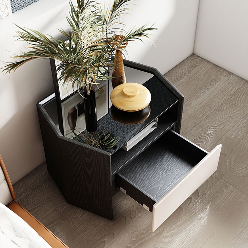 Mesita de noche negra de madera contrachapada minimalista con cajón y estante Imagen de ventana