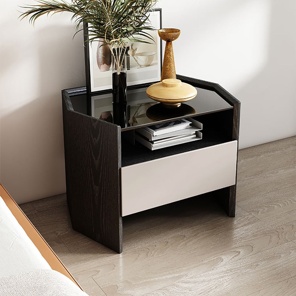Mesita de noche negra de madera contrachapada minimalista con cajón y estante Imagen de ventana