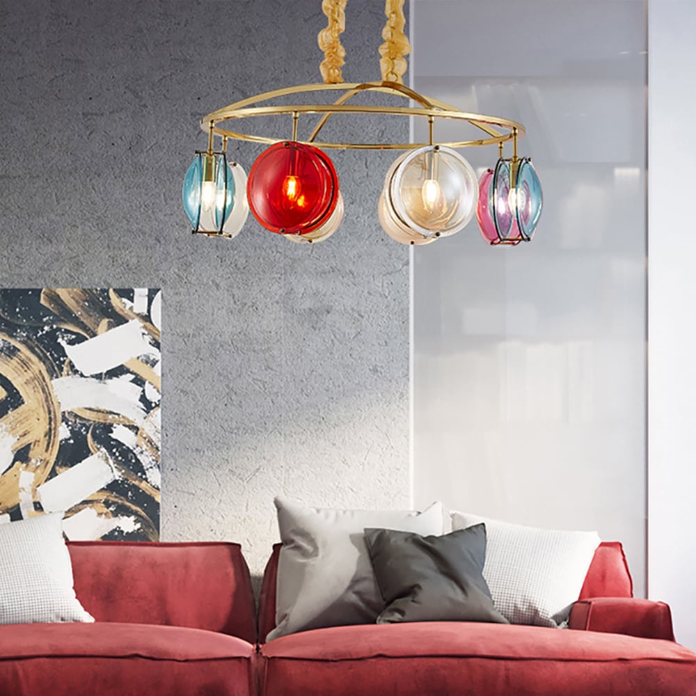 Postmodern Wagon Wheel 8-Light  Colourful Chandelier Iron and Glass Frame window image