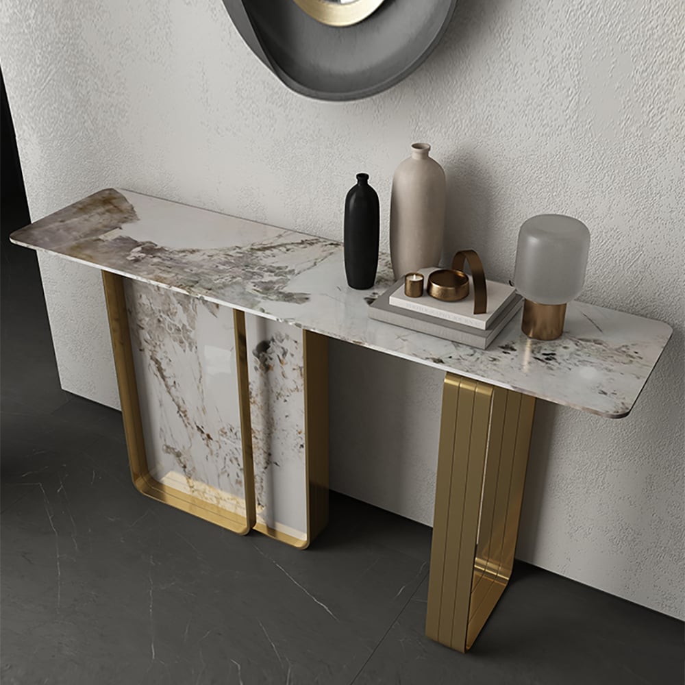 Console rectangulaire contemporaine en acier inoxydable et pierre frittée de 55 po image de fenêtre