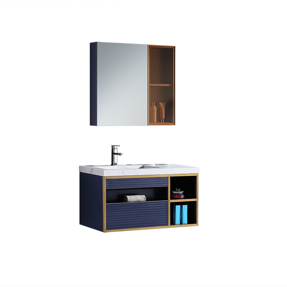 35 „blauwe drijvende badkamermeubel met medicijnkast en integrale gesinterde stenen gootsteen Vensterafbeelding