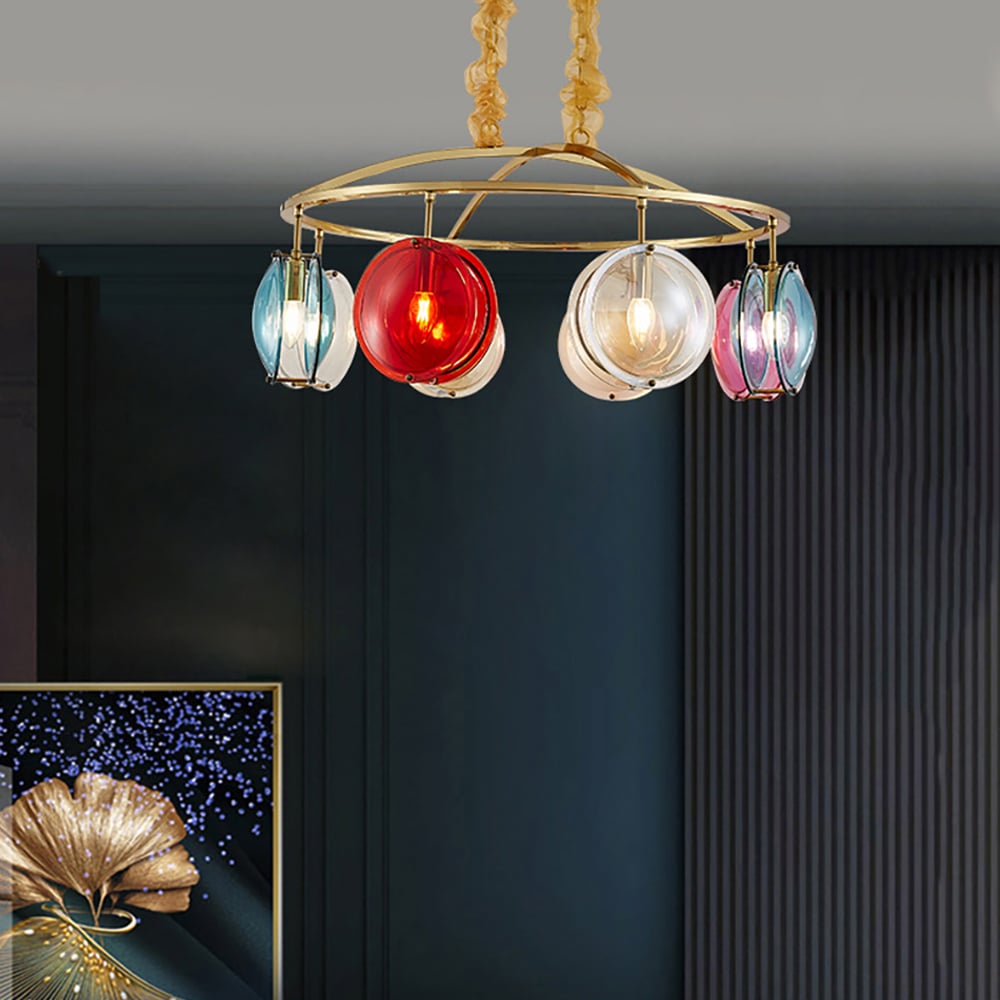 Postmodern Wagon Wheel 8-Light  Colourful Chandelier Iron and Glass Frame window image