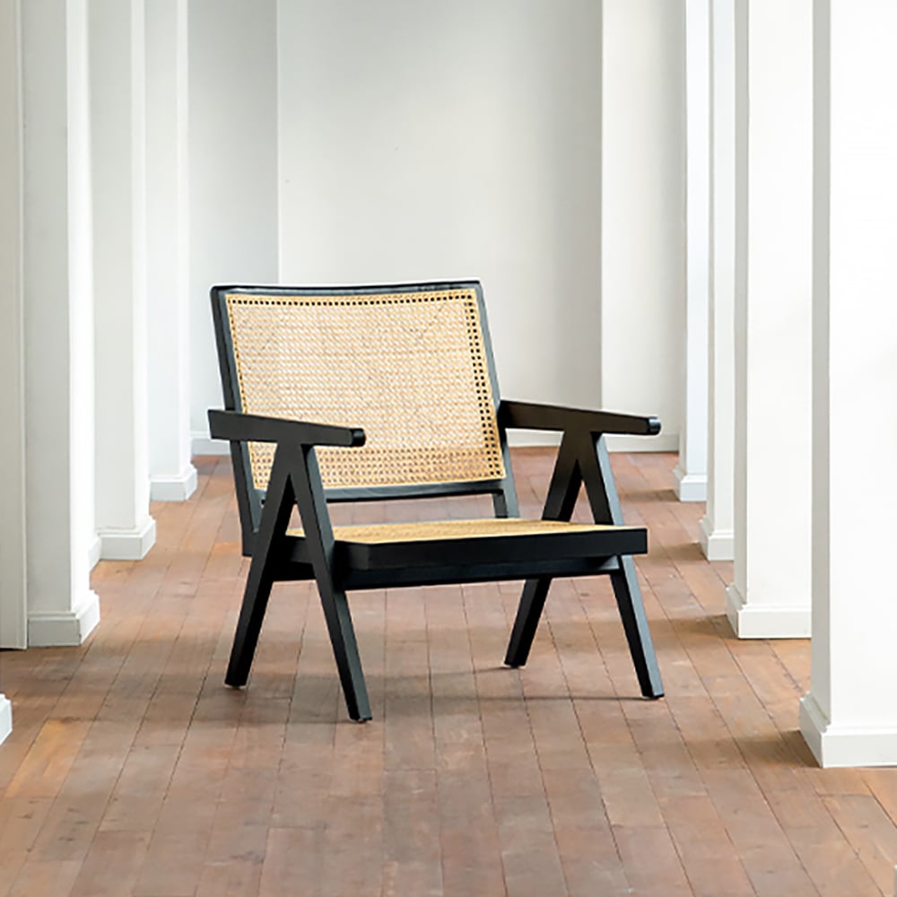 Black Contemporary Rattan Upholstered Accent Chair with Solid Wood Base window image