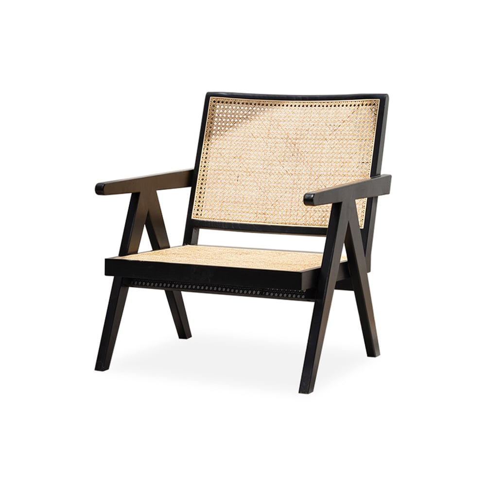 Black Contemporary Rattan Upholstered Accent Chair with Solid Wood Base window image