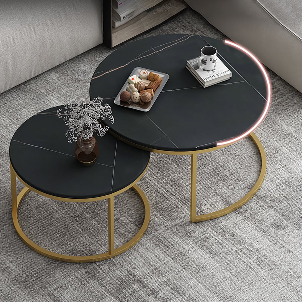 Nordic Round Coffee Table Gold Metal & Black Marble Accent Table with Set of 2 window image