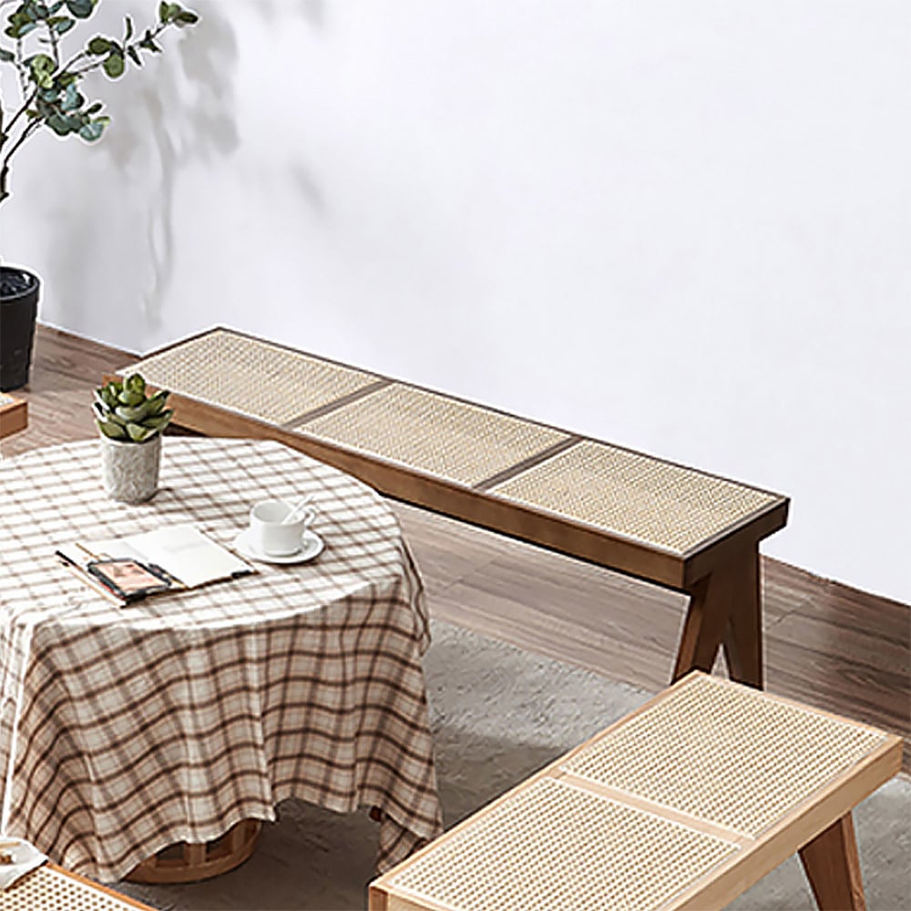 Walnut Contemporary Rattan Upholstered Entryway Bench with Solid Wood Base window image