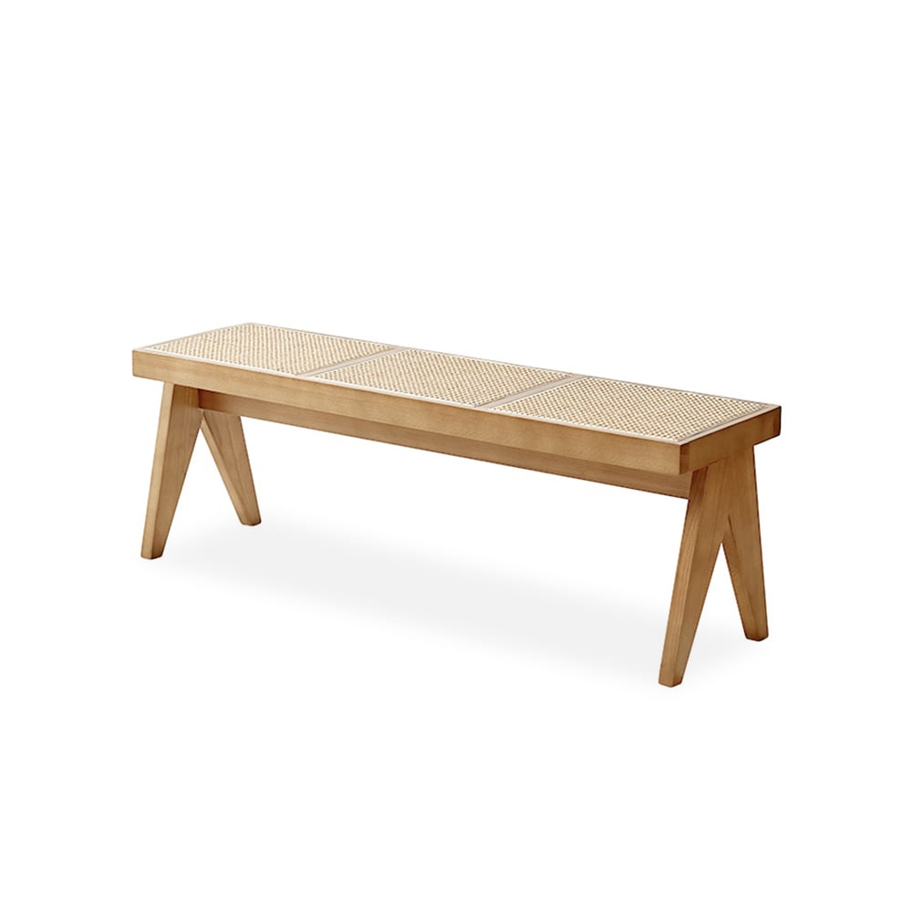 Banc d'entrée rembourré en rotin naturel contemporain avec base en bois massif image de fenêtre