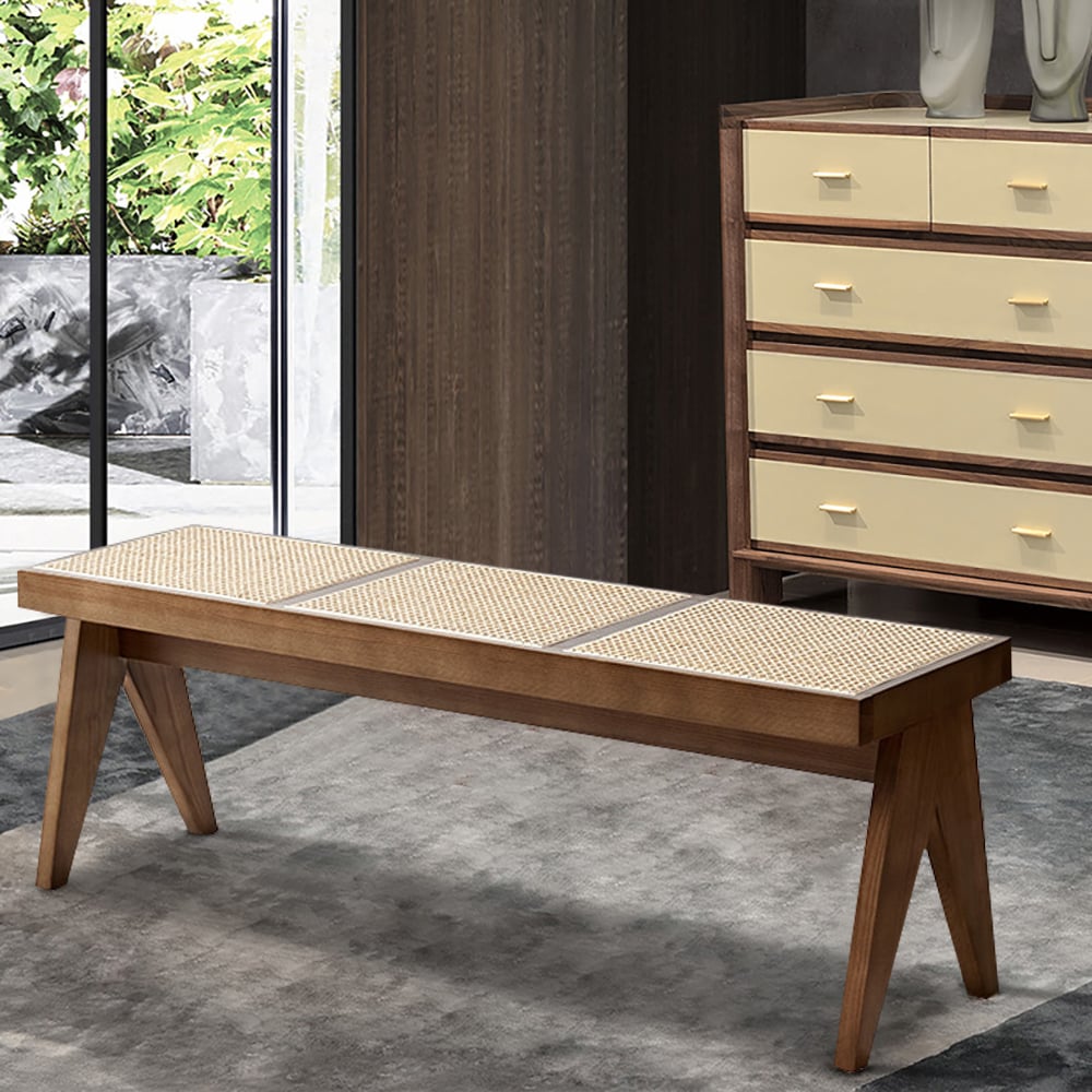 Walnut Contemporary Rattan Upholstered Entryway Bench with Solid Wood Base window image