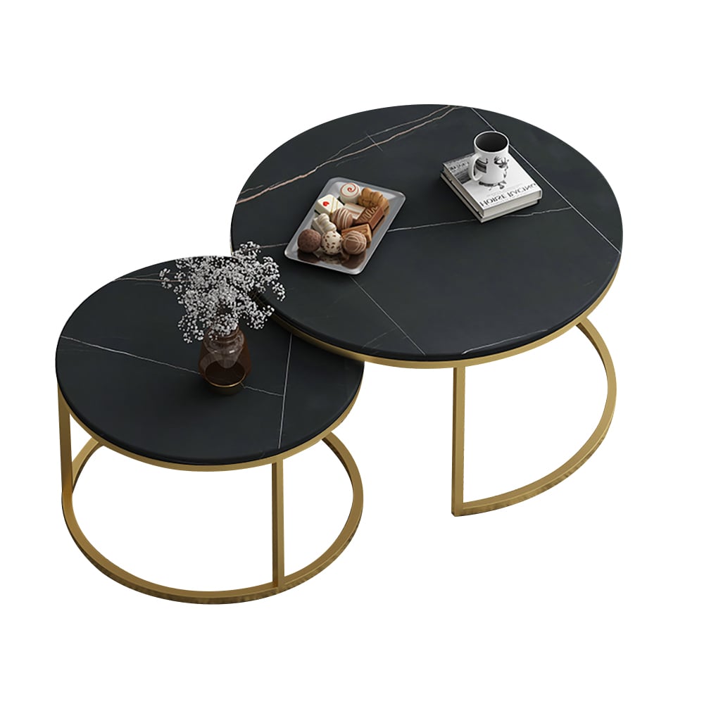 Nordic Round Coffee Table Gold Metal & Black Marble Accent Table with Set of 2 window image