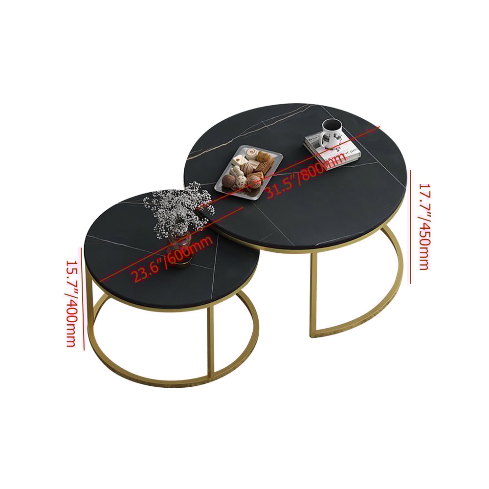 Nordic Round Coffee Table Gold Metal & Black Marble Accent Table with Set of 2 weights dimensions image