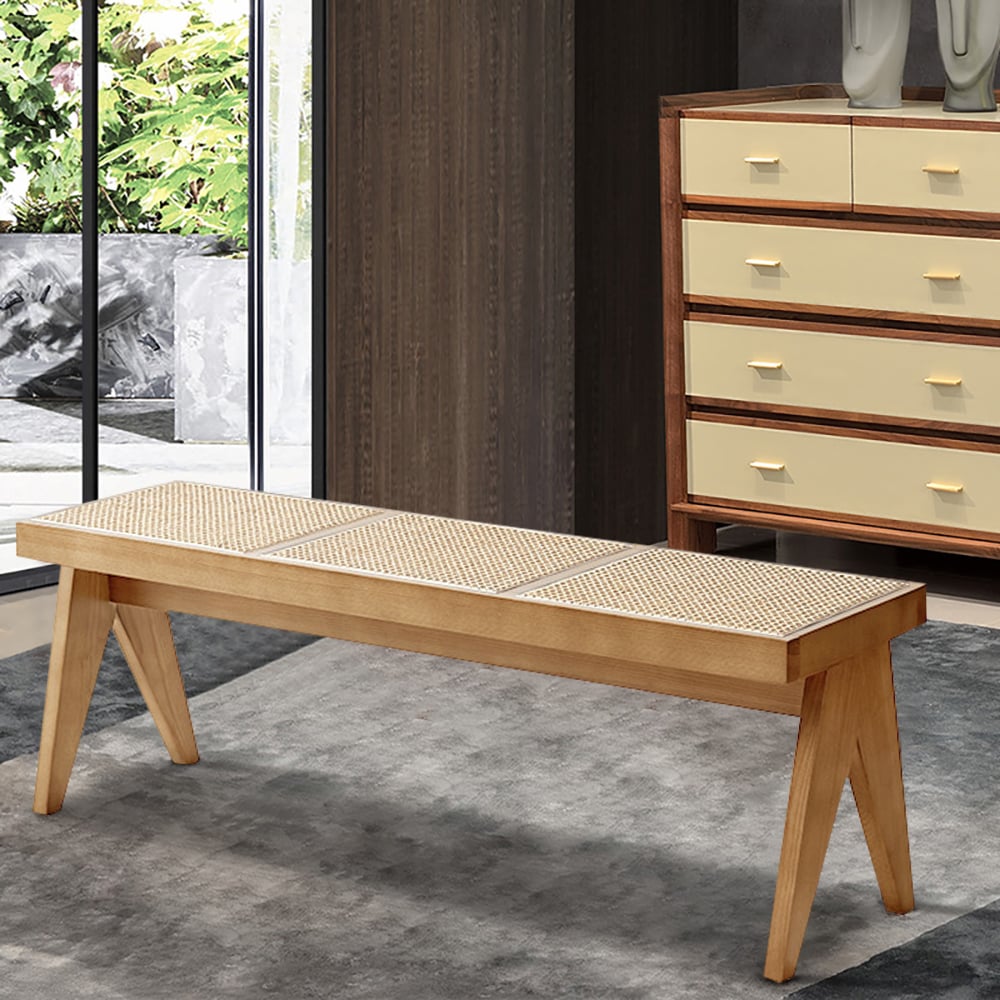 Banc d'entrée rembourré en rotin naturel contemporain avec base en bois massif image de fenêtre