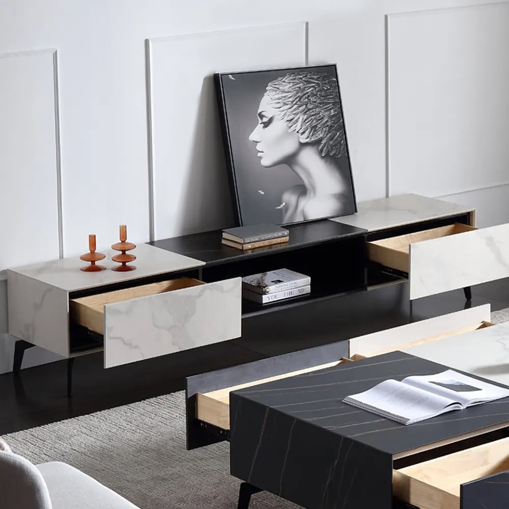 Modern Black & White TV Stand with Drawers Media Cabinet with Carbon Steel Legs in Black window image