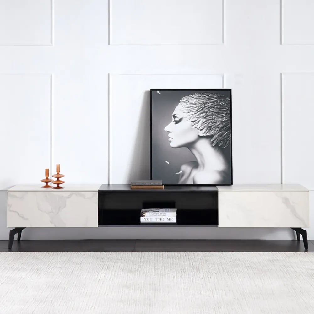Modern Black & White TV Stand with Drawers Media Cabinet with Carbon Steel Legs in Black window image