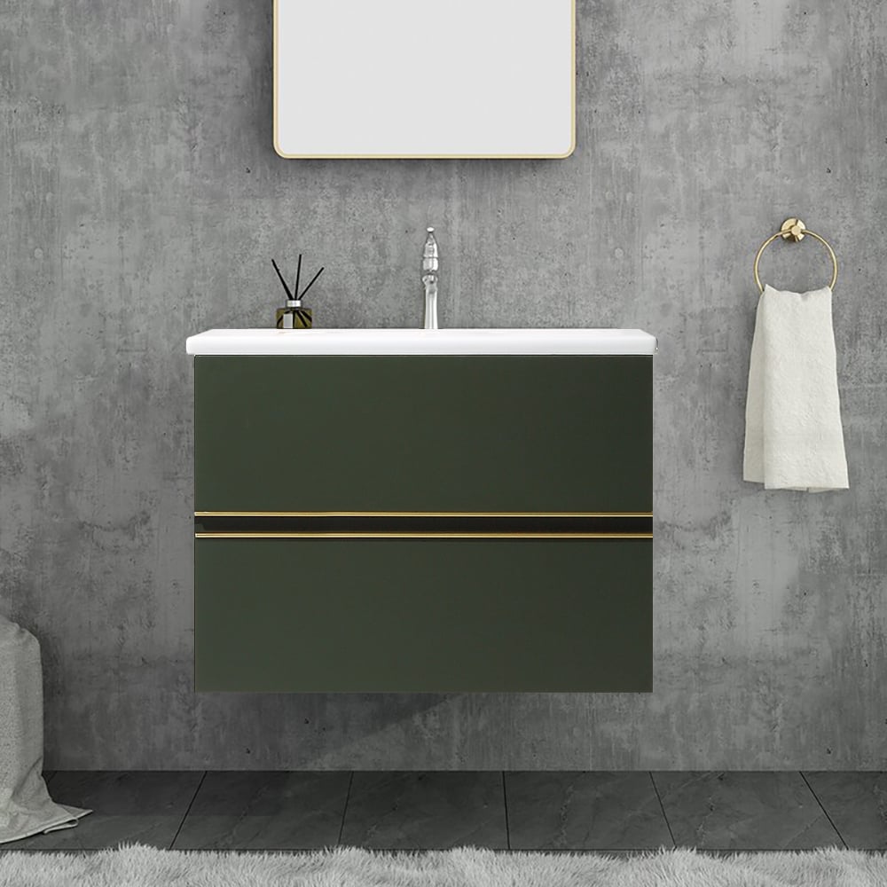 32" Dark Green Floating Bathroom Vanity with Sintered Stone Undermount Sink & 2 Drawers window image