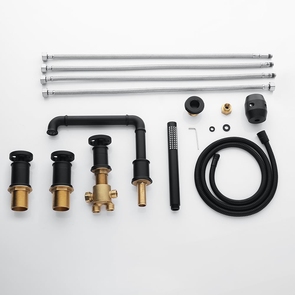 Industrial Deck Mounted Roman Bathtub Faucet with Handshower Solid Brass Matte Black window image