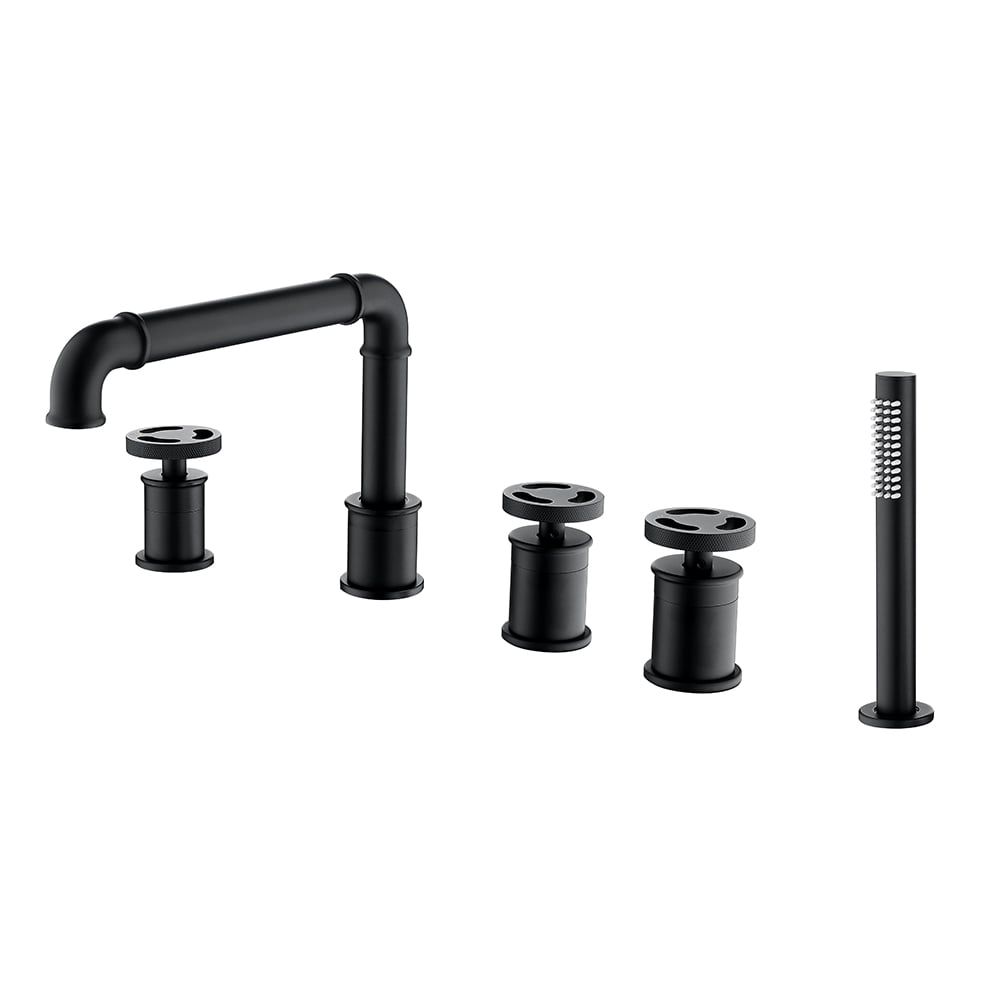 Industrial Deck Mounted Roman Bathtub Faucet with Handshower Solid Brass Matte Black window image