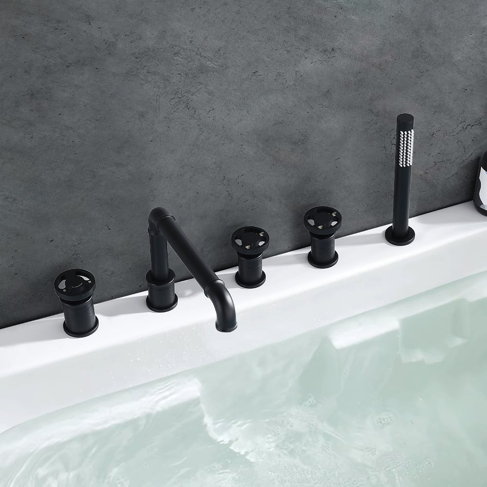 Industrial Deck Mounted Roman Bathtub Faucet with Handshower Solid Brass Matte Black window image