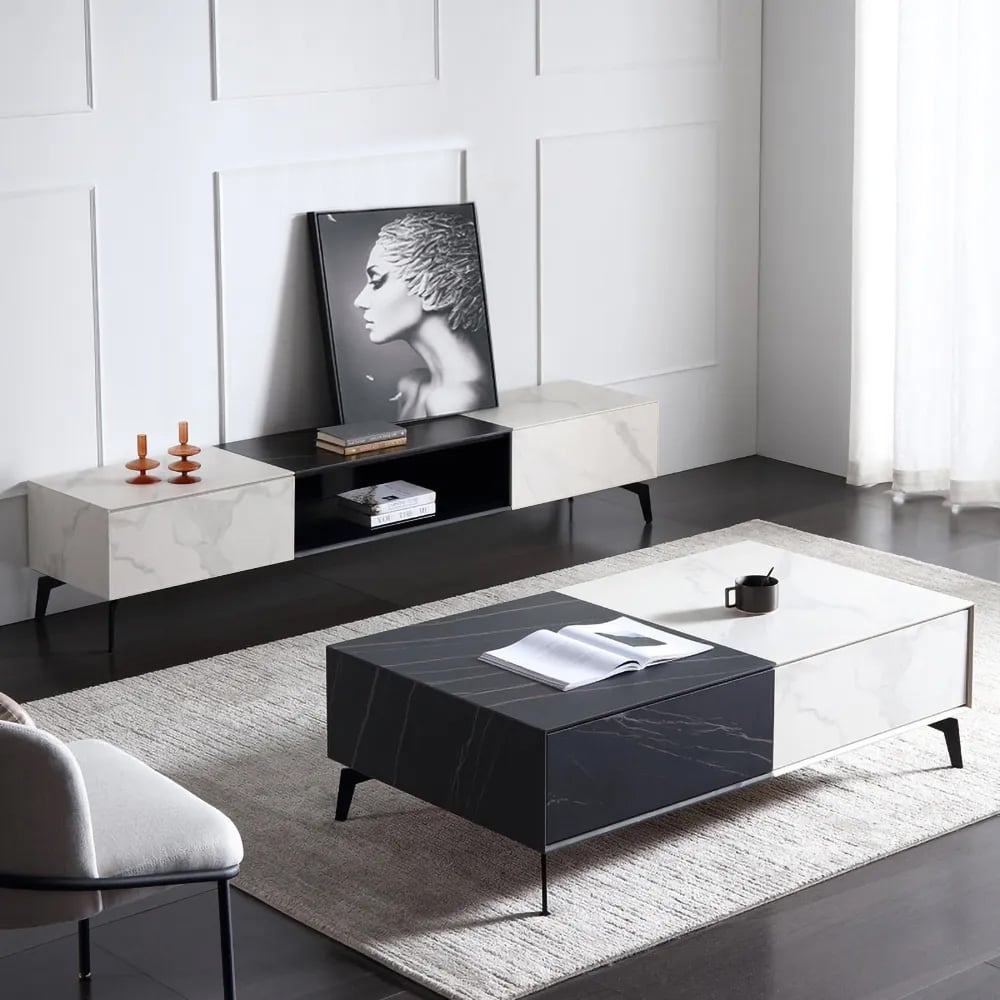 Modern Black & White TV Stand with Drawers Media Cabinet with Carbon Steel Legs in Black window image