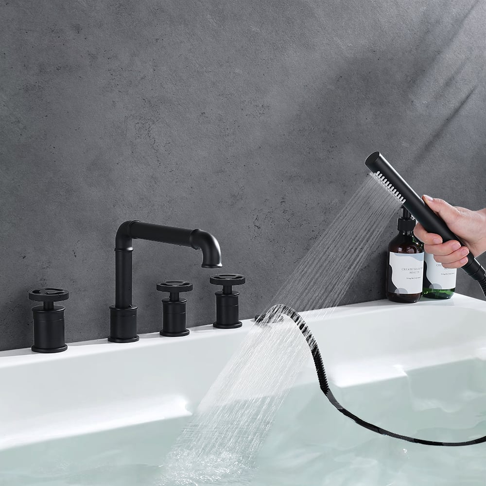 Industrial Deck Mounted Roman Bathtub Faucet with Handshower Solid Brass Matte Black window image