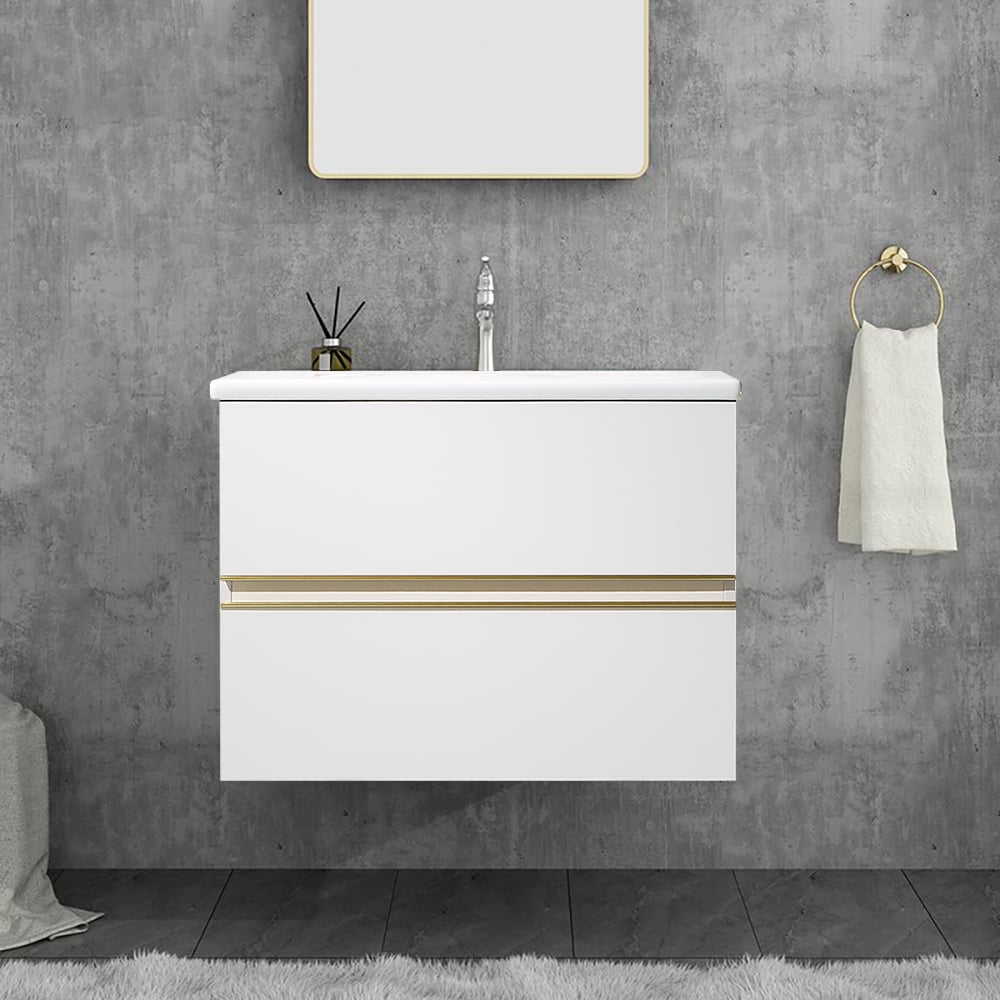 Meuble-lavabo flottant blanc de 31,9 po avec dessus en pierre frittée avec évier sous comptoir et 2 tiroirs image de fenêtre