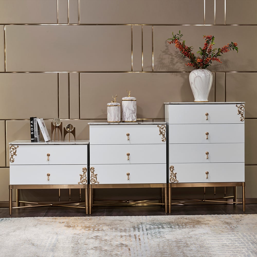 Armoire d'appoint rétro à 4 tiroirs avec cadre en acier inoxydable en or brossé image de fenêtre