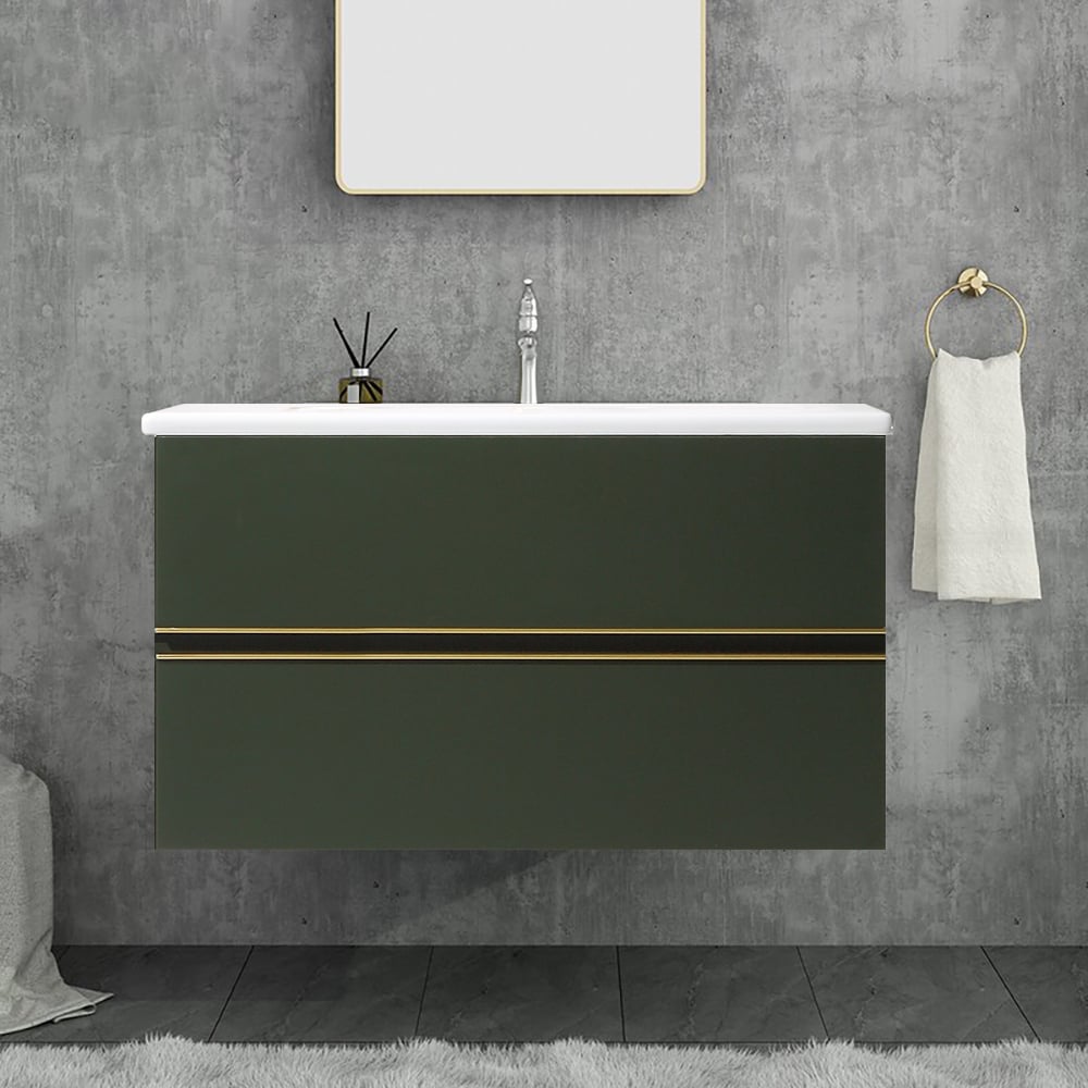 40" Dark Green Floating Bathroom Vanity with Sintered Stone Undermount Sink 2 Drawers window image