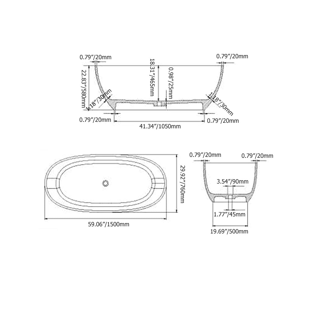 Moderne ovale Form 1500 mm freistehende Badewanne aus kristallklarem Harz mit Ablaufgarnitur Schaufensterbilder