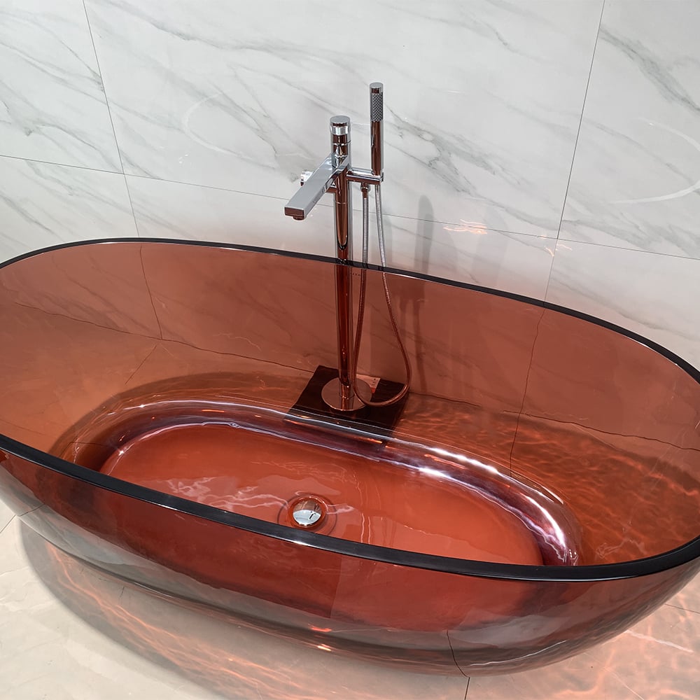 Moderne ovale Form 1500 mm freistehende Badewanne aus kristallklarem Harz mit Ablaufgarnitur Schaufensterbilder