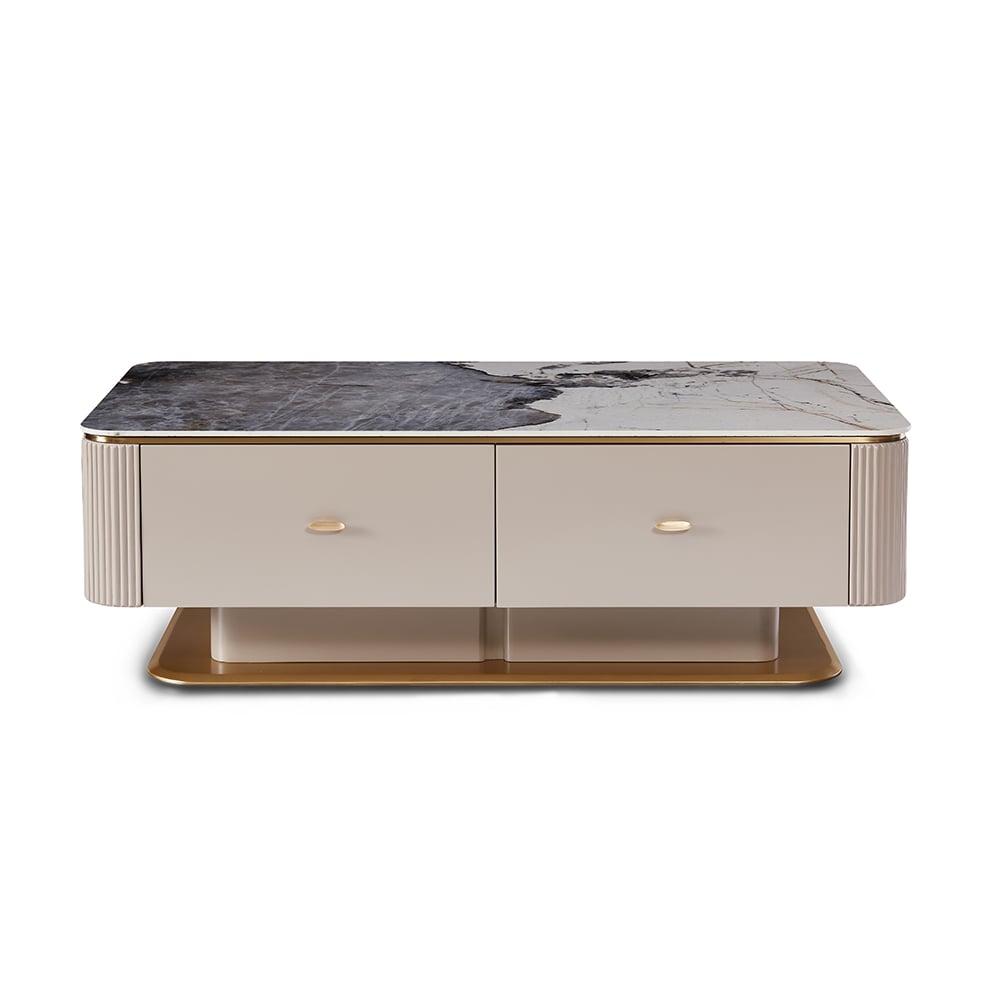 Contemporary Khaki Rectangular Sintered Stone Top Coffee Table with Golden Frame window image