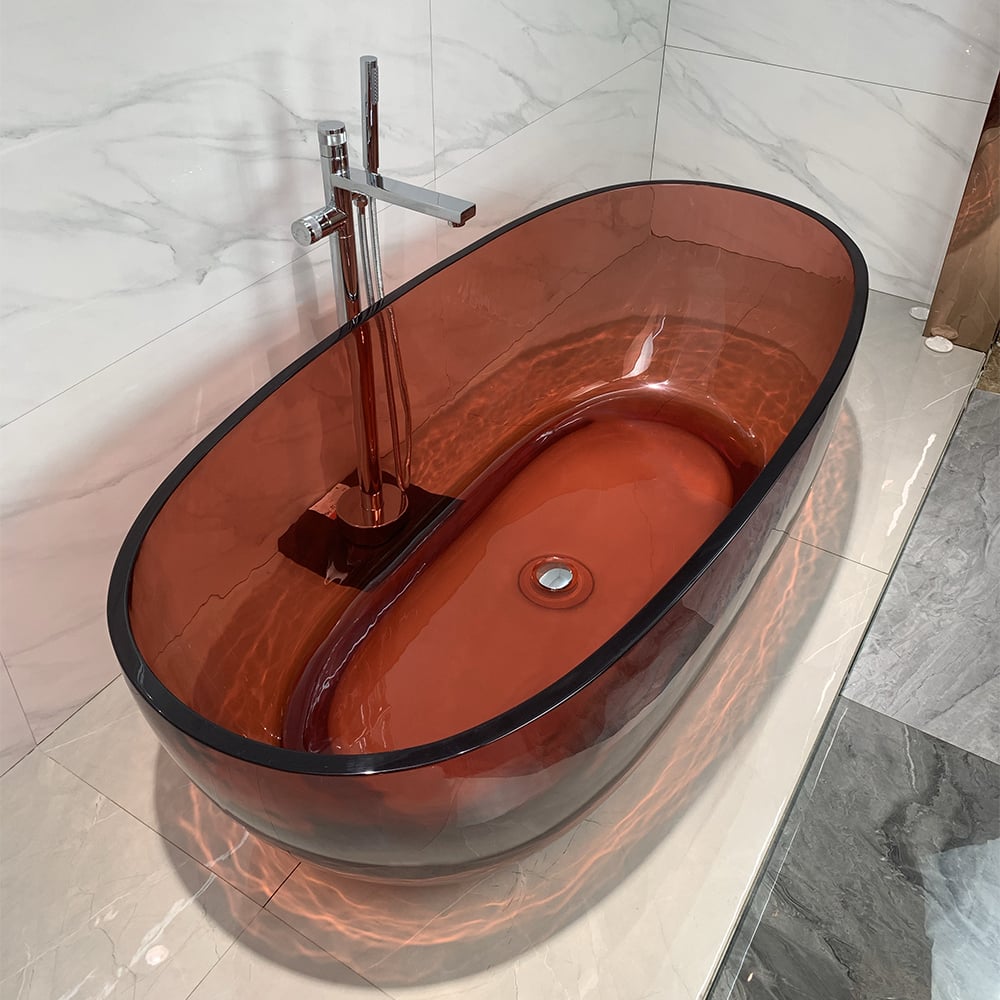 Moderne ovale Form 1500 mm freistehende Badewanne aus kristallklarem Harz mit Ablaufgarnitur Schaufensterbilder