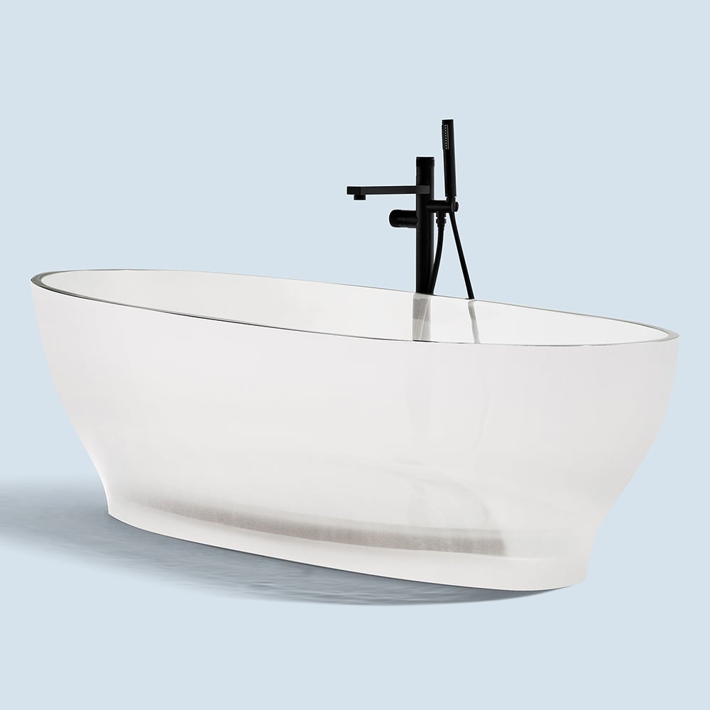 Bain de trempage en résine transparent transparent autonome de 1500 mm de forme ovale moderne avec déchets image de fenêtre